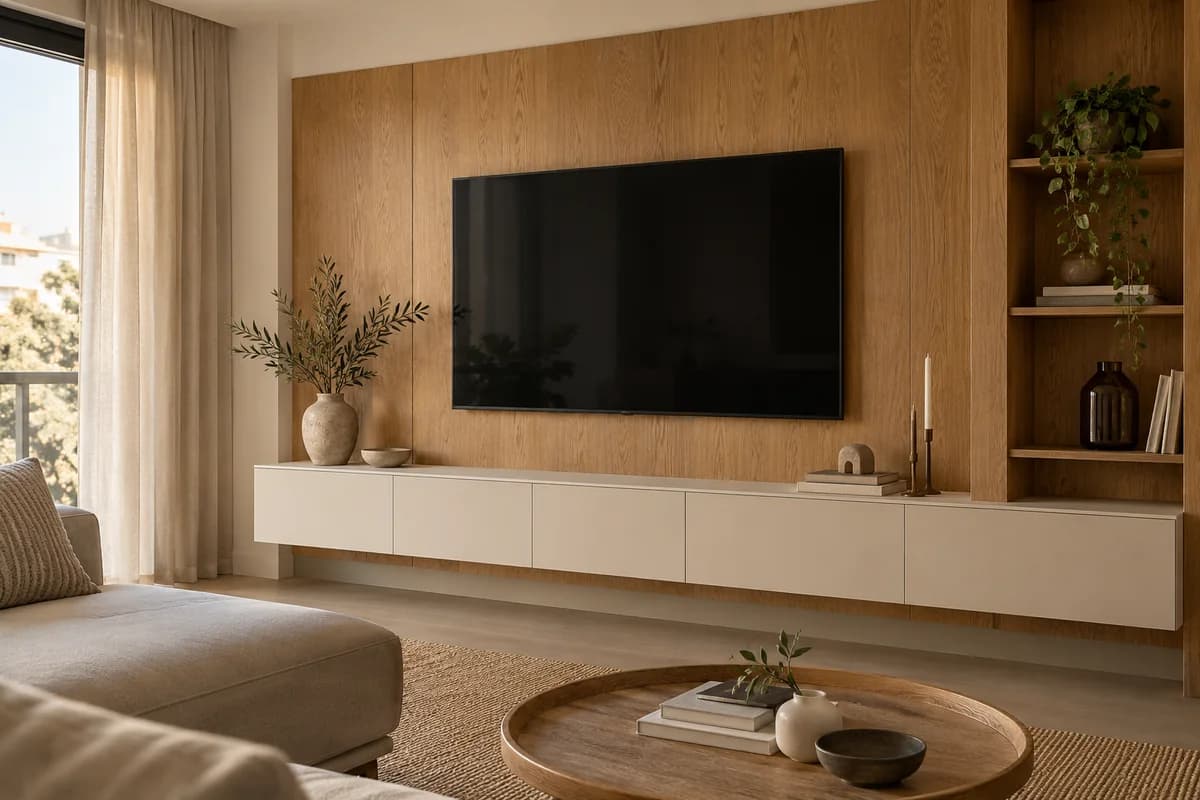 Meşe duvar paneli ve kapaklı alt dolaplardan oluşan TV ünitesi