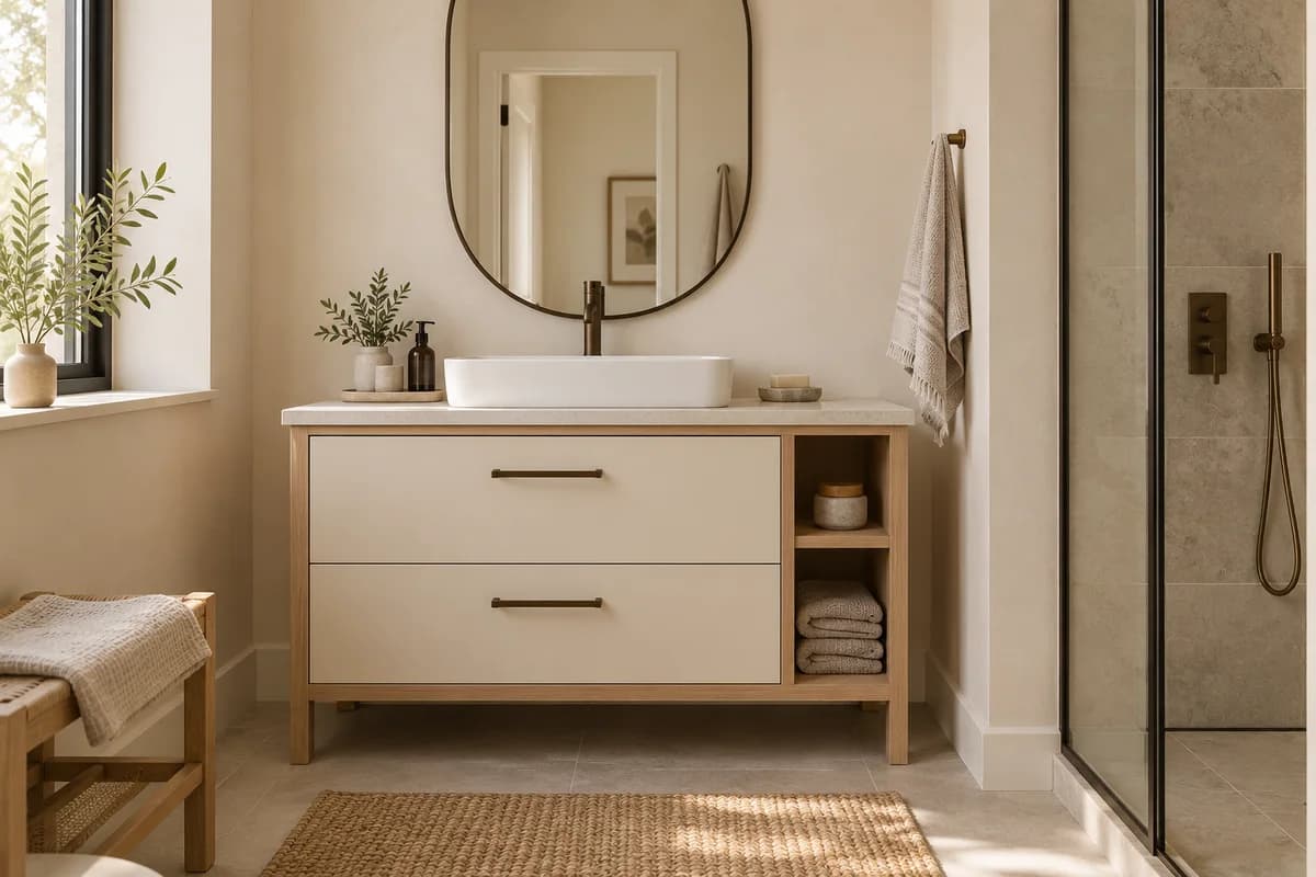 Beyaz çekmeceli meşe lavabo dolabı, ayna ve açık havlu rafı
