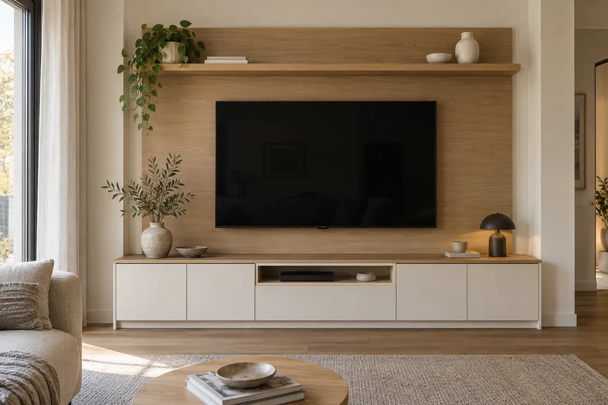 Meşe duvar paneli, açık raf ve beyaz alt dolaplı TV ünitesi